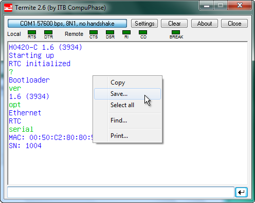 Termite is a simple RS232 terminal.